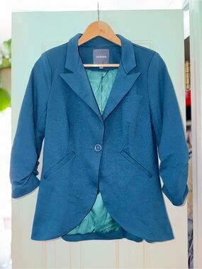 ModCloth Teal Ruched 3/4 Sleeve One Button Blazer Jacket Size M